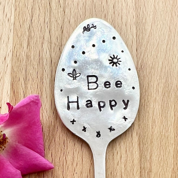 Garden Marker Spoon, Bee Happy with Hand Stamped bee stamp, flower pot, herb Flat Spoon silver plate