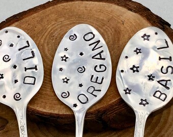 Herb Markers set of 3, Hand stamped Vintage Silver Plate Tea Spoons, Unique set