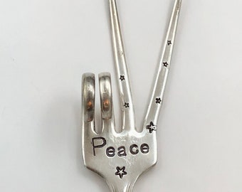 PEACE sign Fork, Garden Marker with STARS, plant label tag, Silver Plate eco-friendly, Stick in Plant for a fun gift for plant lover