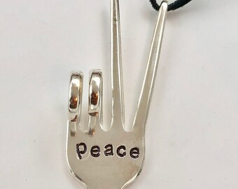 PEACE Sign Ornament made from Fork, Stamped and twisted, hangs on black, red or Teal leather, Christmas Fathers Day