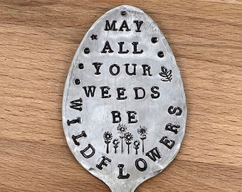 Hand Stamped Garden Marker: Recycled Silver Plate Spoon, Wildflower Plant Label