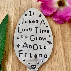 May include: A silver spoon with the quote "It takes a long time to grow an old friend" engraved on it. The spoon is surrounded by a pink flower and green leaves.