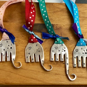 Handmade Elephant Ornament: Recycled Silverware Fork, Stamped Hearts