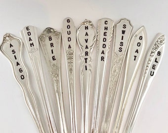 Cheese Markers, Set of 9 Hand stamped Spoon handles Silver Plate, Comes with Linen Bag for Storage, Charcuterie Accessories