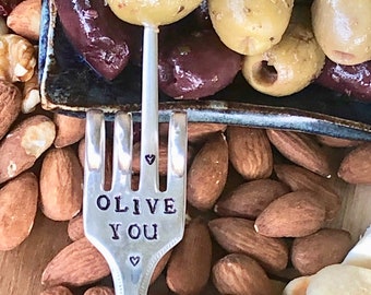 Olive You Silver Plate Appetizer Fork: Hand Stamped Charcuterie Pick