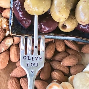 OLIVE YOU fork, stamped Appetizer Pick, Great for cheese board, Silver Plate, Ready to SHIP, Perfect for Martini Cocktail party, Charcuterie