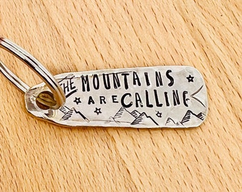 Keychain, The Mountains are Calling, John Muir, stamped Recycled Spoon Key Fob, forest Colorado 1.75 inches hand stamped