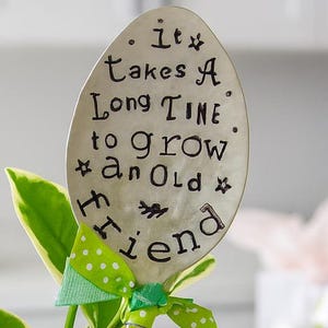 Hand Stamped Spoon Garden Marker: "Old Friend" Vintage Silverware Plant Label