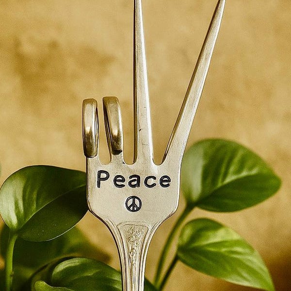 Hand Stamped Peace Sign Garden Marker: Recycled Silver Fork Plant Stake