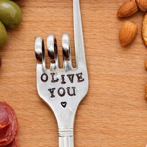Olive You Stamped Silver Plate Fork: Charcuterie Board Appetizer