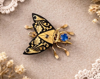 Vintage Fly Brooch Black Enamel Gold Tone Rhinestone Blue Crystal Insect Pin Mid Century Whimsical Jewelry