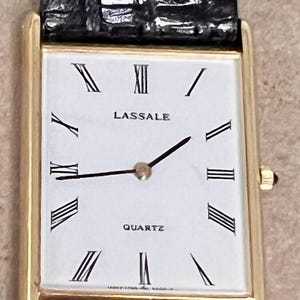 Vintage 1987 Seiko Lassale Tank Watch Gold Tone Roman Numeral Dial Ultra Thin Dress Watch Engraved Working Quartz