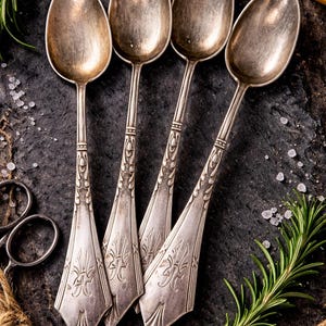 May include: Four antique silver spoons with ornate, engraved handles, arranged on a dark, textured surface. The spoons have a classic design, with a detailed floral pattern. Rosemary sprigs and a lemon wedge add a rustic touch.
