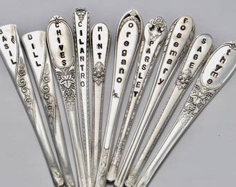 Herb Markers Set of 10  Stamped Vintage Silver Spoon Handles, best selling item, garden labels, Customization Allowed