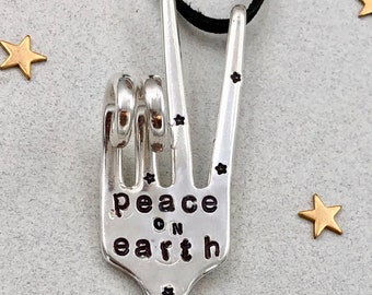 Peace Sign Ornament, Peace On Earth recycled Fork on Leather