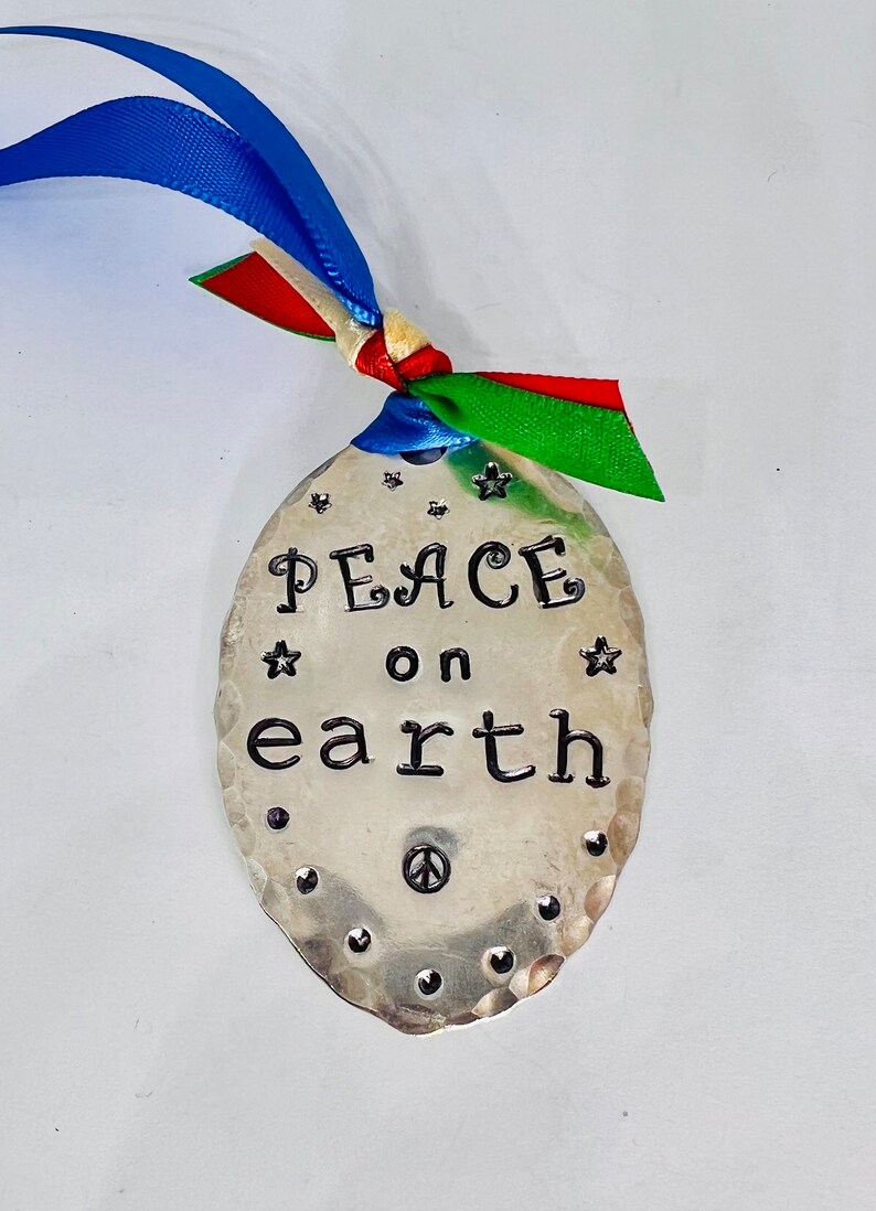 ORNAMENT, Peace On Earth, blue Ribbon hand stamped Ornament Vintage Spoon, Gift Tie on, made from recycled silver plate spoon image 4