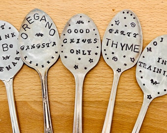 Funny Herb Marker set of 5 recycled Spoons, Hand stamped jokes puns, rosemary oregano chives thyme mint, great gift for gardener