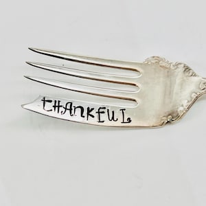 Silver Plate Meat Fork Stamped Thankful Serving Utensil Holiday Table Decor Hostess Gift Thanksgiving Family Gathering Recycled Silverware