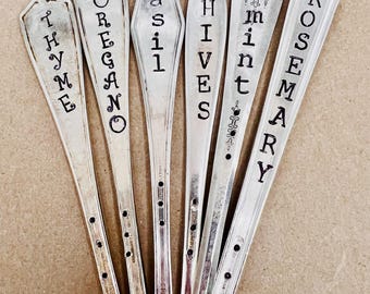 Hand Stamped Silver Plate Herb Markers: Vintage Garden Decor, Set of 6