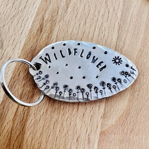 Stamped Wildflower Keychain: Recycled Silver Plate Spoon, Positivity Gift