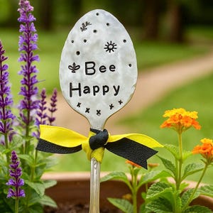 Hand Stamped Garden Marker: Bee Happy Vintage Silverware Plant Tag