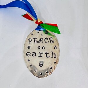 ORNAMENT, Peace On Earth, blue Ribbon hand stamped Ornament Vintage Spoon, Gift Tie on, made from recycled silver plate spoon image 6