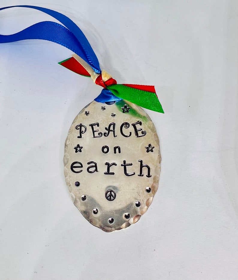ORNAMENT, Peace On Earth, blue Ribbon hand stamped Ornament Vintage Spoon, Gift Tie on, made from recycled silver plate spoon image 6