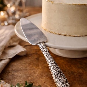 May include: A silver cake server with a floral design handle rests on a wooden surface next to a frosted cake on a white cake stand. The cake has a gold trim.