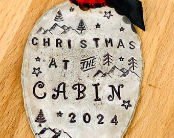 Christmas at the Cabin 2024 ORNAMENT with Mountains and Stars, Stamped Spoon Christmas Gift best selling item, Wisconsin Michigan colorado