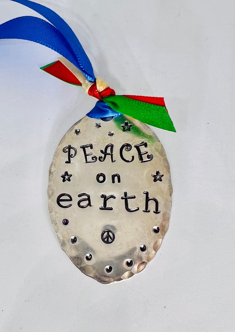 ORNAMENT, Peace On Earth, blue Ribbon hand stamped Ornament Vintage Spoon, Gift Tie on, made from recycled silver plate spoon image 3