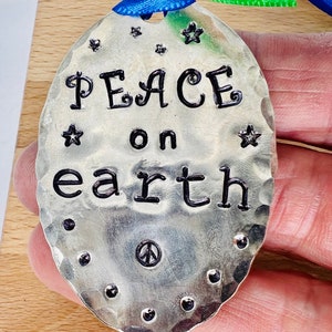 ORNAMENT, Peace On Earth, blue Ribbon hand stamped Ornament Vintage Spoon, Gift Tie on, made from recycled silver plate spoon image 2