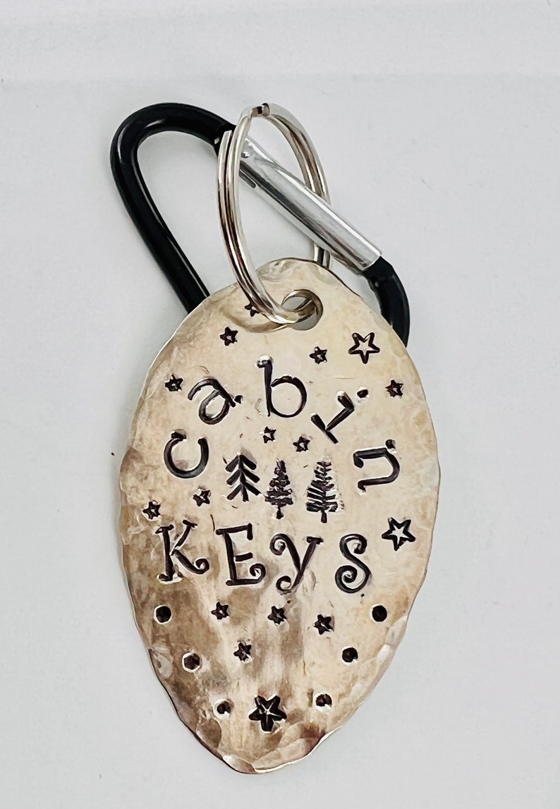 CABIN KEYS, Keychain, Stamped Tea Spoon With Mountains Trees Stars