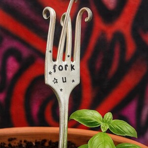 FORK U Plant Marker: Twisted Silver Plate Fork, Funny Garden Decor