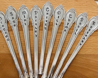 Herb Markers Set of 9 Stamped Vintage Silver Spoon Handles, best selling item, garden labels, Matching Silver Pattern one of a kind