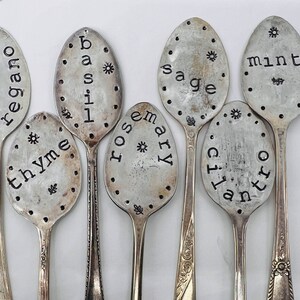 May include: Set of seven silver spoons with different herbs names engraved on them: oregano, thyme, basil, rosemary, sage, cilantro, and mint.