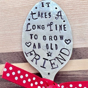 Garden Marker, It Takes A Long Time to Grow an OLD FRIEND, Stamped Small tea Spoon, Gift for girlfriend, Stick in plants herbs or flowers image 9