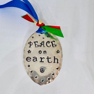 ORNAMENT, Peace On Earth, blue Ribbon hand stamped Ornament Vintage Spoon, Gift Tie on, made from recycled silver plate spoon image 5