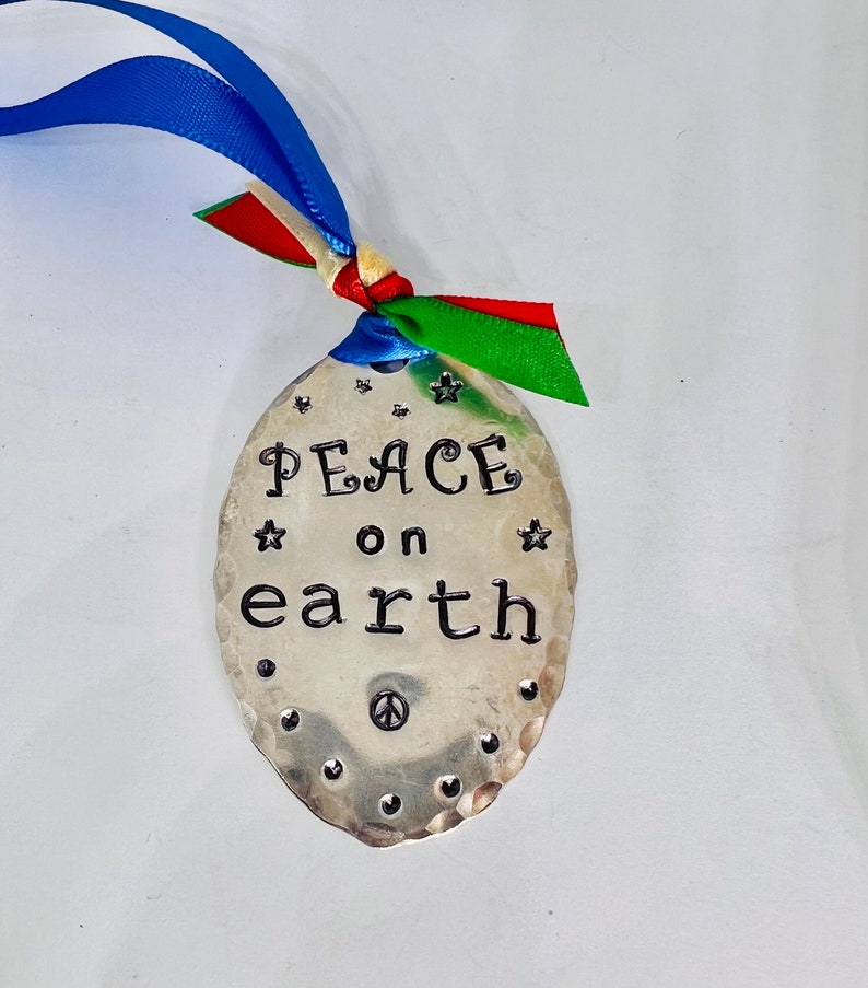 ORNAMENT, Peace On Earth, blue Ribbon hand stamped Ornament Vintage Spoon, Gift Tie on, made from recycled silver plate spoon image 5