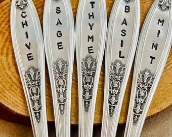 Silver Plate Herb Markers: Thyme, Chive, Dill, Basil, Mint