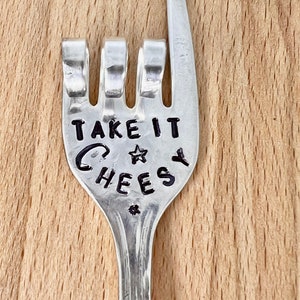 Hand Stamped Cheese Fork: &quot;Take It Cheesy&quot; Silver Plate Charcuterie Pick