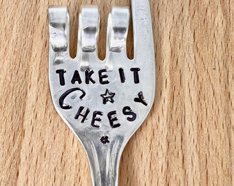 Appetizer Cheese Fork, Take it Cheesy, Funny pick for Charcuterie and Cheese board, recycled silver Plate Stamped Funny Midwest gift