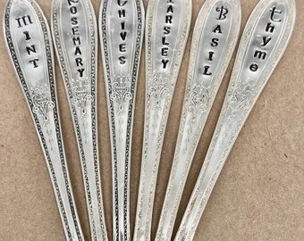 Stamped Silverplate Herb Markers - Vintage Garden Decor, Set of 6