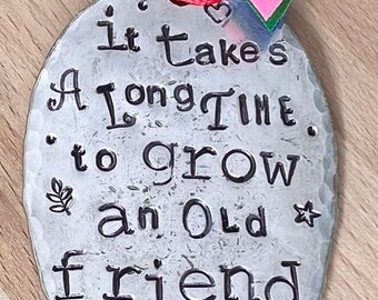 Ornament Friendship Girlfriend, It Takes A Long Time To Grow An Old FRIEND 2024, stamped spoon with Pink polka dot Ribbon and Festive ties