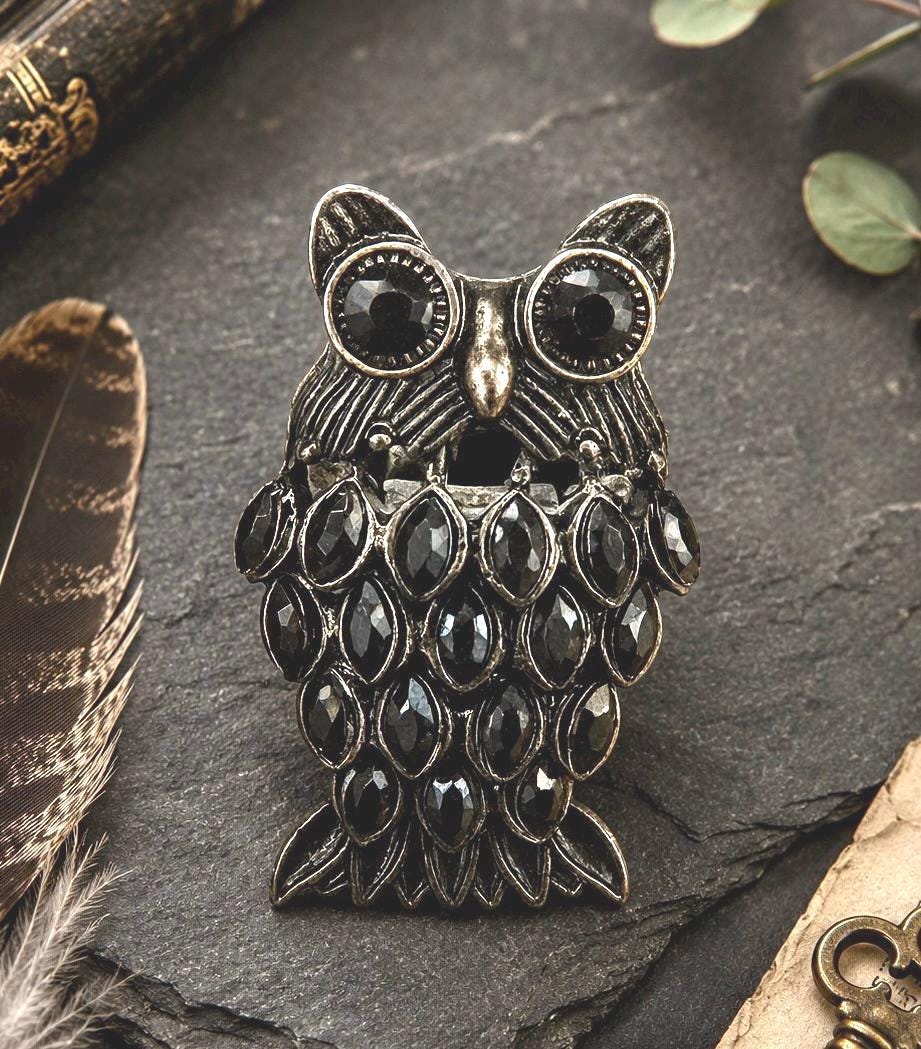 Vintage Owl Statement Ring, Antiqued Brass-Tone, Boho Costume Jewelry