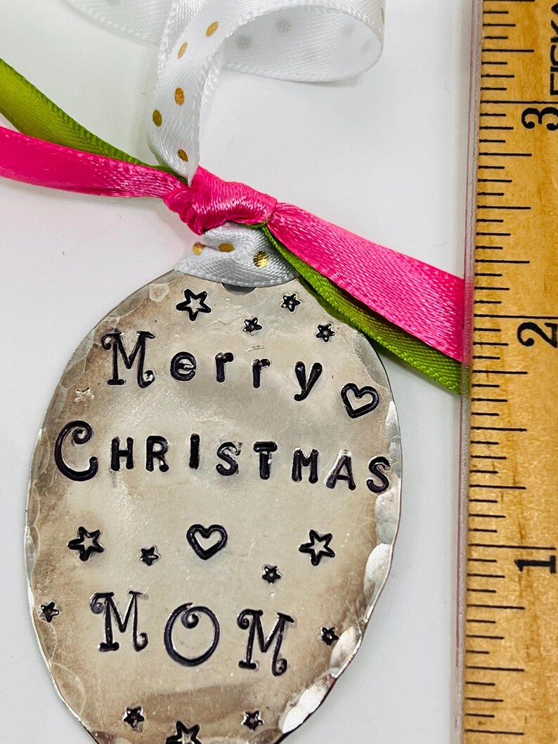 Christmas Ornament, Merry Christmas Love Mom, Stamped Stars Recycled