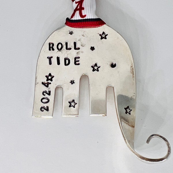 ROLL TIDE Ornament. ELEPHANT Ornament 2024 with Alabama Roll Tide Ribbon, Large Size, Recycled Silver Plate Fork, Hand Stamped