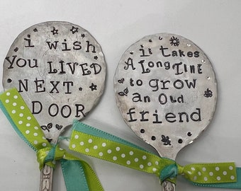 Rustic Garden Marker, It Takes A Long Time to Grow an OLD FRIEND I Wish You Lived Next Door, set of 2 girlfriend longtime gift for plants 6"