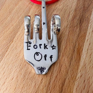 Hand Stamped Silver Plate &quot;Fork You&quot; Ornament - Funny Middle Finger Gift