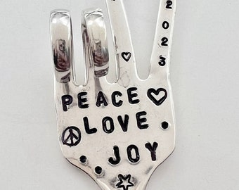Christmas Ornament, PEACE LOVE JOY 2024, Peace Sign with Peace sign and hearts, teal or red Leather, recycled fork