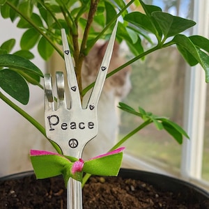 Hand Stamped Peace Sign Garden Marker: Upcycled Silver Plate Fork